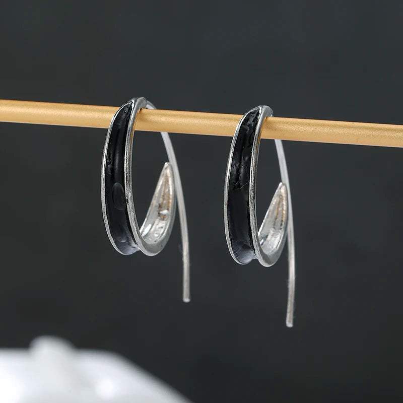 Antique Inspired Silvery Black Circle Hoop Alloy Earrings