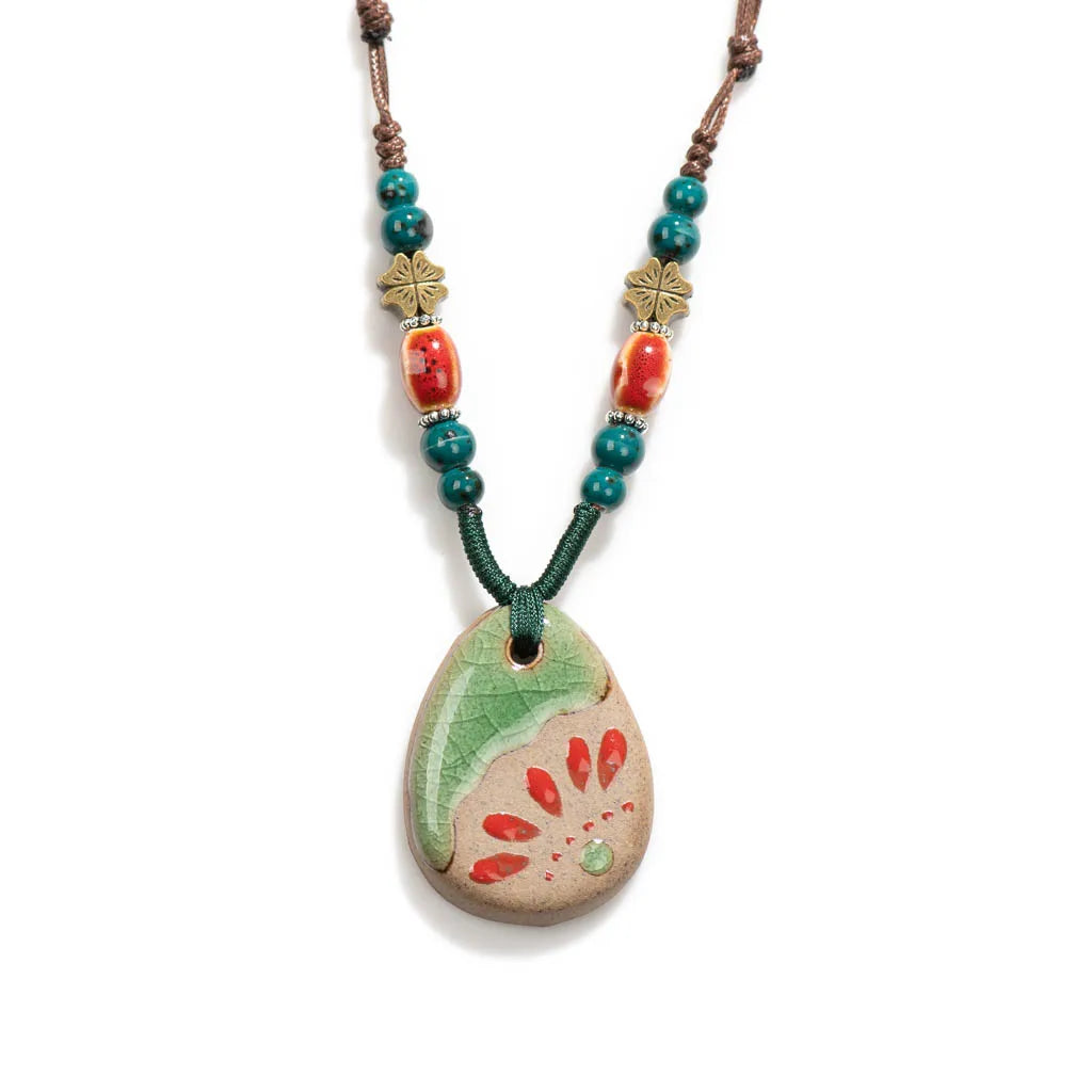 Handmade Ceramic Pendant Beads Necklace Retro