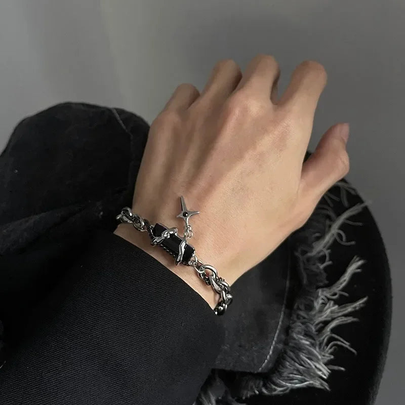 Retro Black Zircon Star Chain Stainless Steel Punk Bracelet