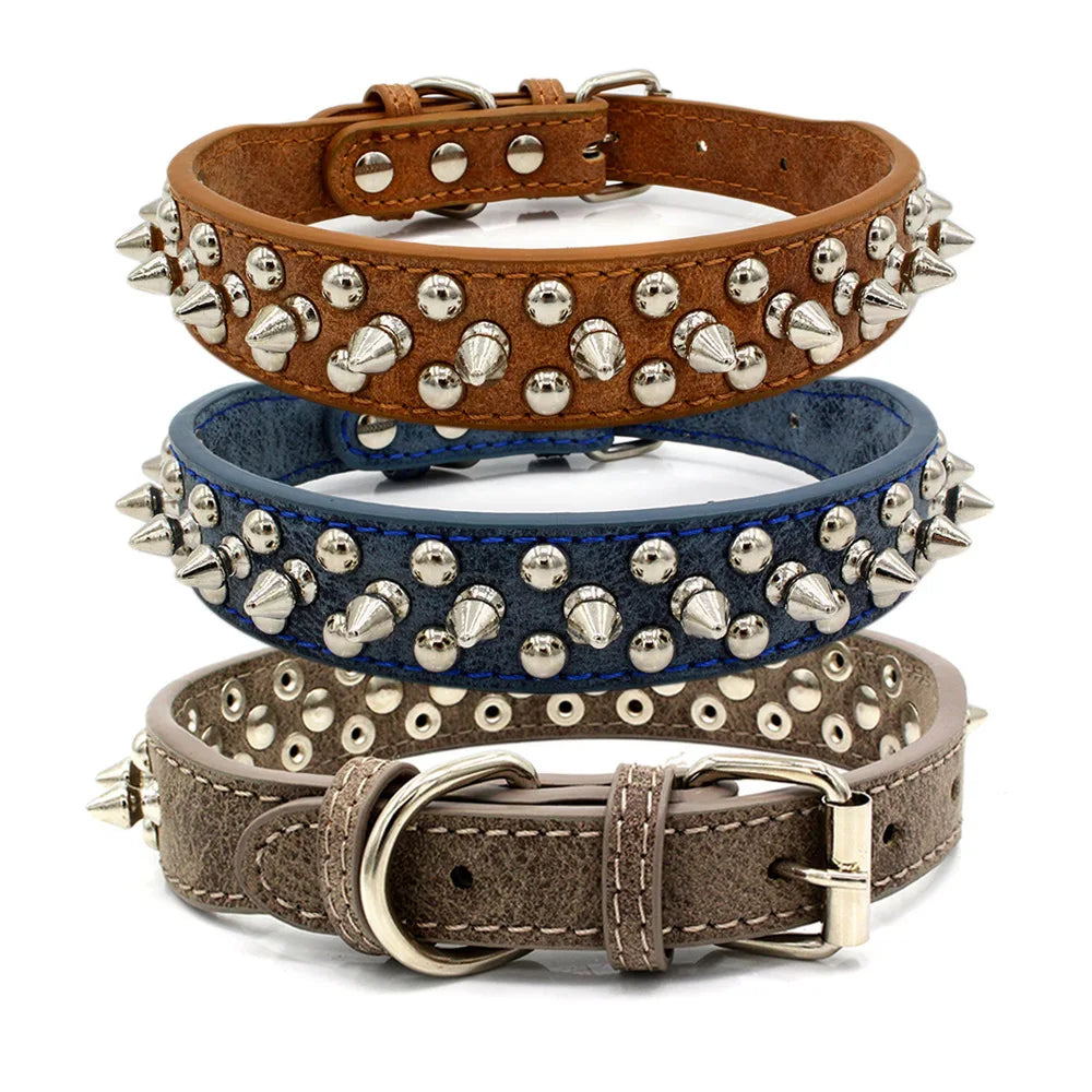 Faux Leather Dog Collar with Spikes - Anti-Bite Rivets, Cool, Attention