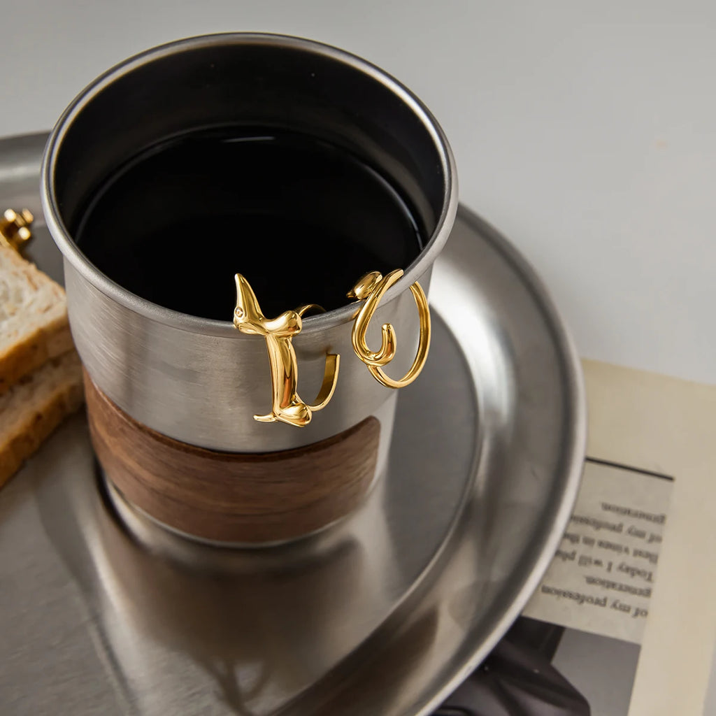 18K Gold-Plated or Platinum Plated Stainless-Steel Rhinestone Sausage Dog or Cat Ring, Adjustable