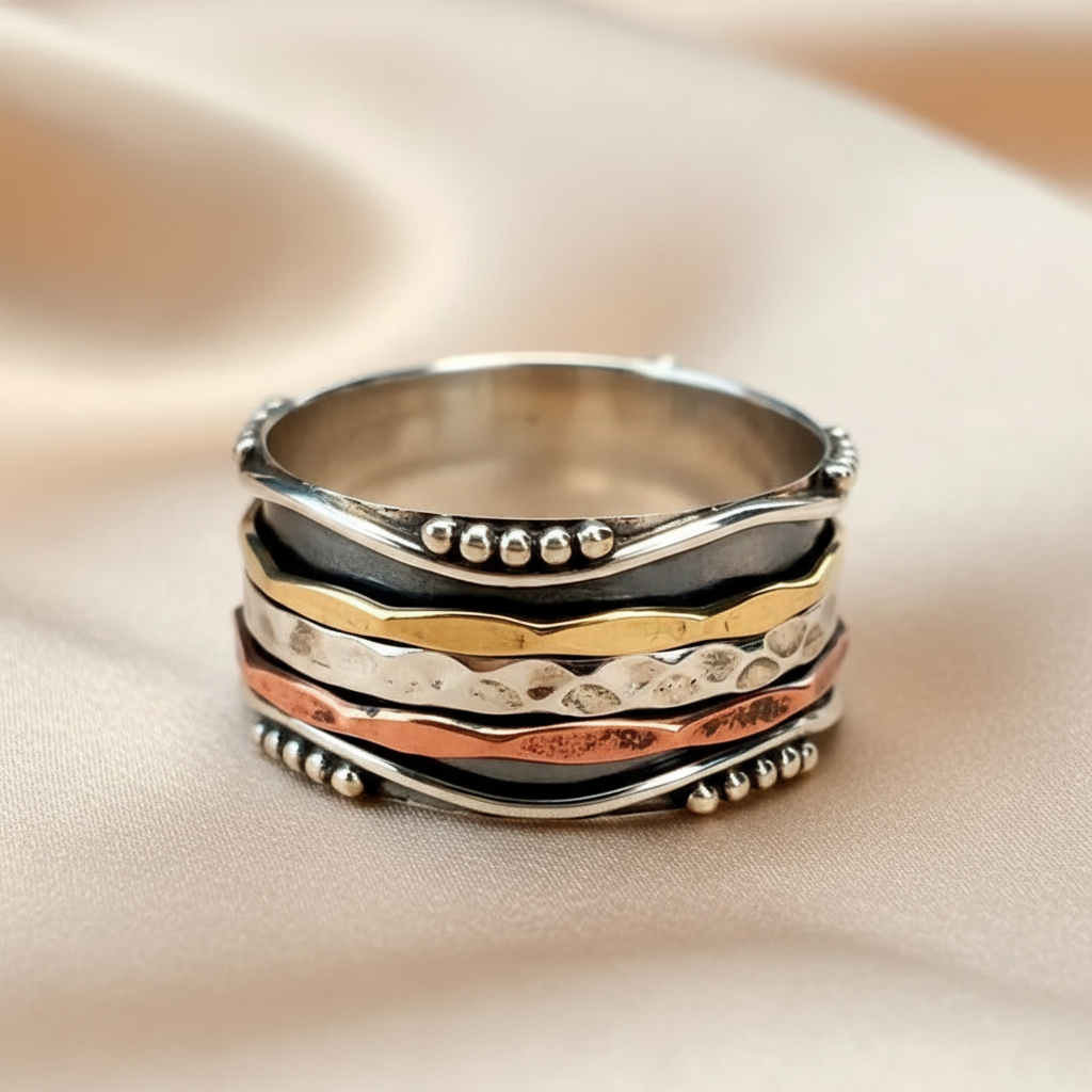 Retro Boho Multi-Color Zinc Alloy Band Ring - Layered Texture, Unique, Handmade