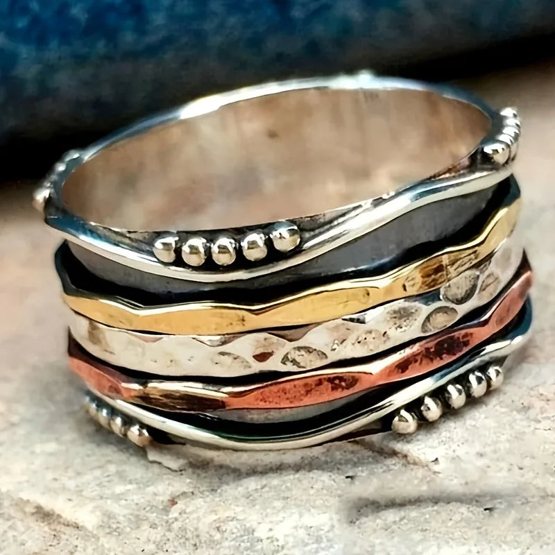 Retro Boho Multi-Color Zinc Alloy Band Ring - Layered Texture, Unique, Handmade