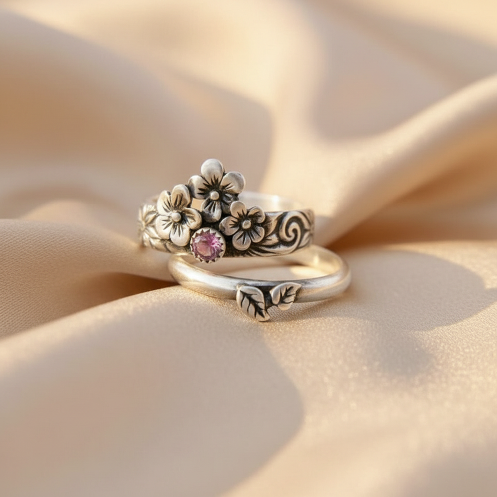 2pcs Retro Flower Leaf Pattern Stacking Pair Pink Zircon Zinc Alloy Ring
