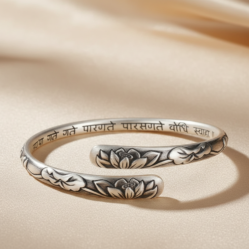 Thai Silver Lotus Flower Cuff Bracelet with Symbols