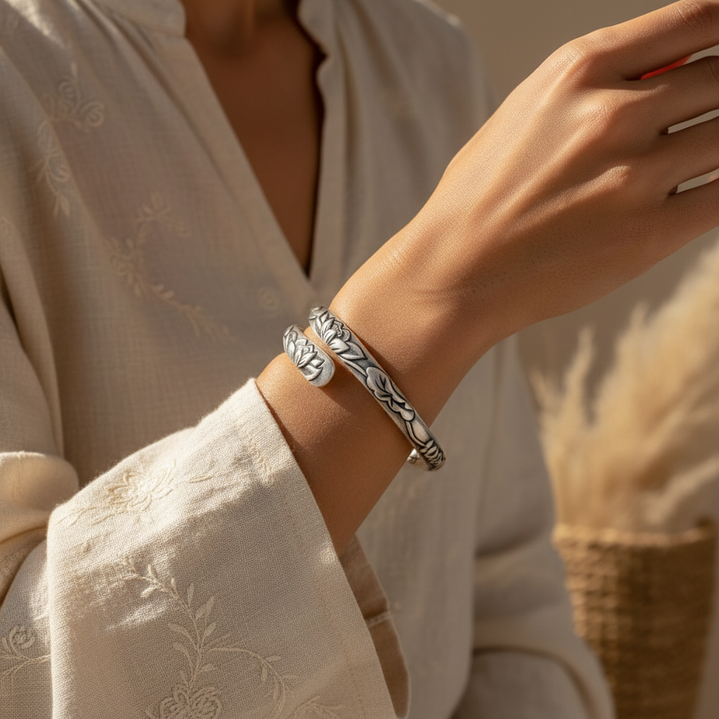 Thai Silver Lotus Flower Cuff Bracelet with Symbols