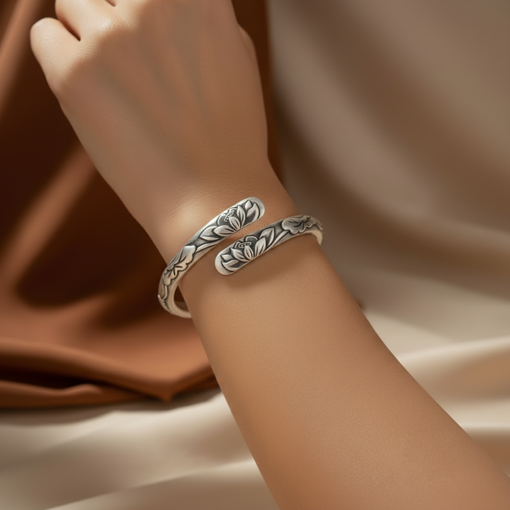 Thai Silver Lotus Flower Cuff Bracelet with Symbols