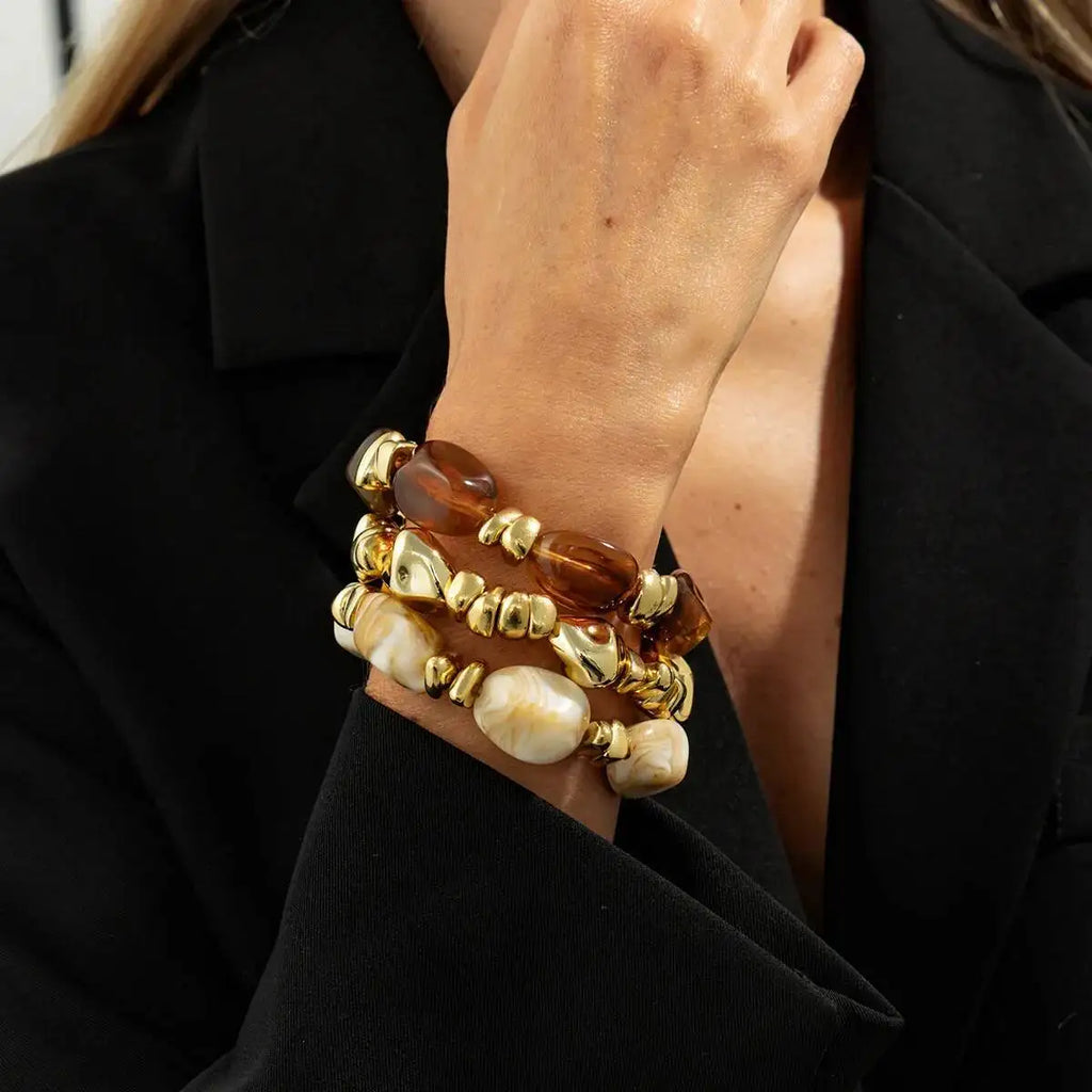 3 Pcs Set Acrylic Resin Copper Coated Bead Bracelets - Y2K Bohemian Uneven Various Forms