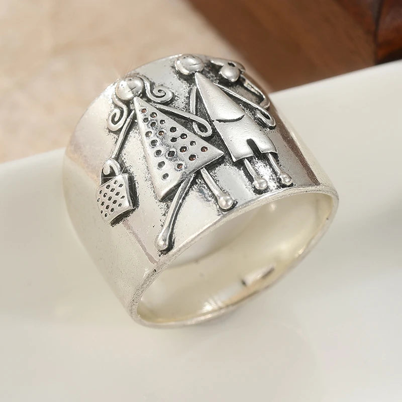Vintage Inspired Silver-Plated Copper Ring - Hand Carved Couples Woman Man Holding Hands
