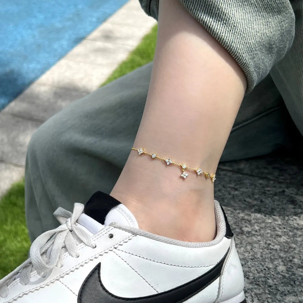Gold Plated Silver 925 Sterling Silver Zircon Clover Ankle Bracelet