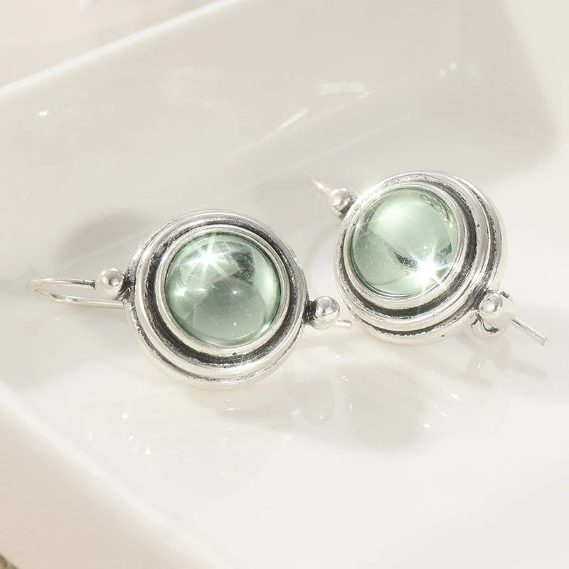 Vintage Inspired Earrings Silver-Plated Copper with Light Green Stone