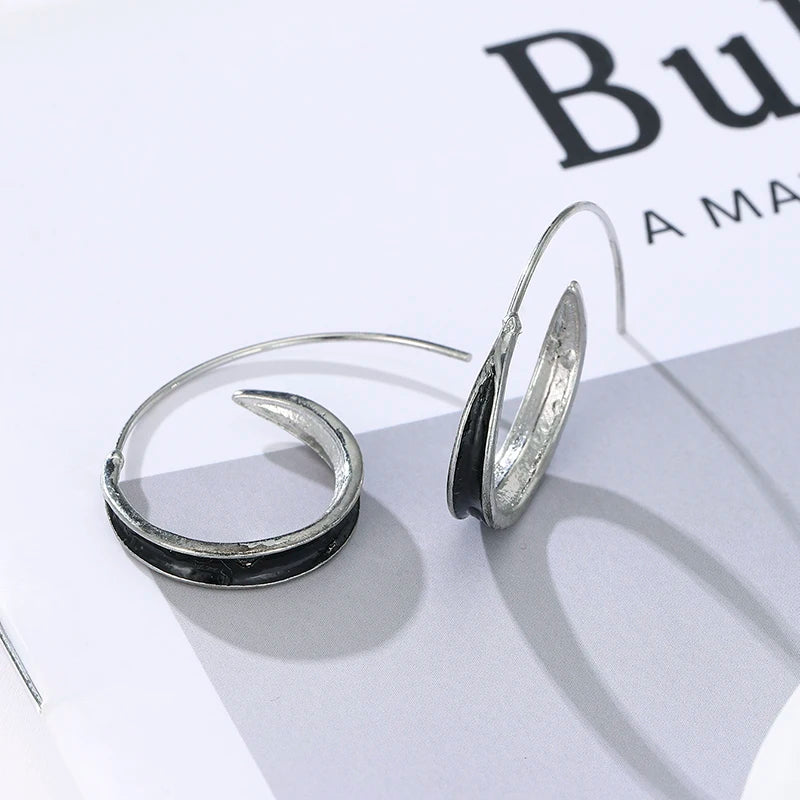 Antique Inspired Silvery Black Circle Hoop Alloy Earrings