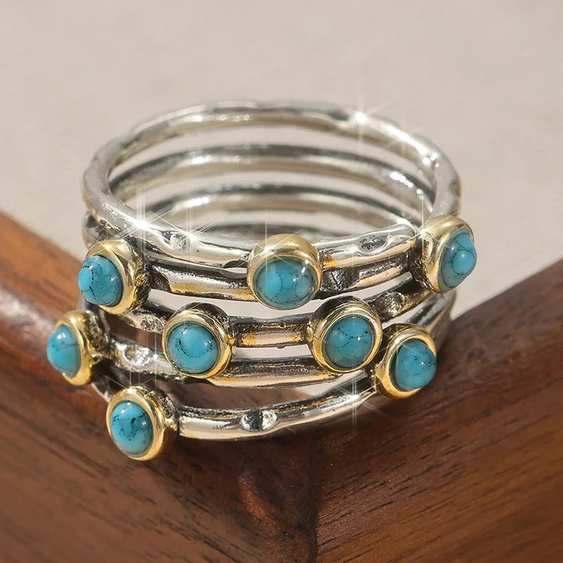 Two-Tone Boho Style Synthetic Turquoise Silver & Gold-Plated Copper Multilayer Ring