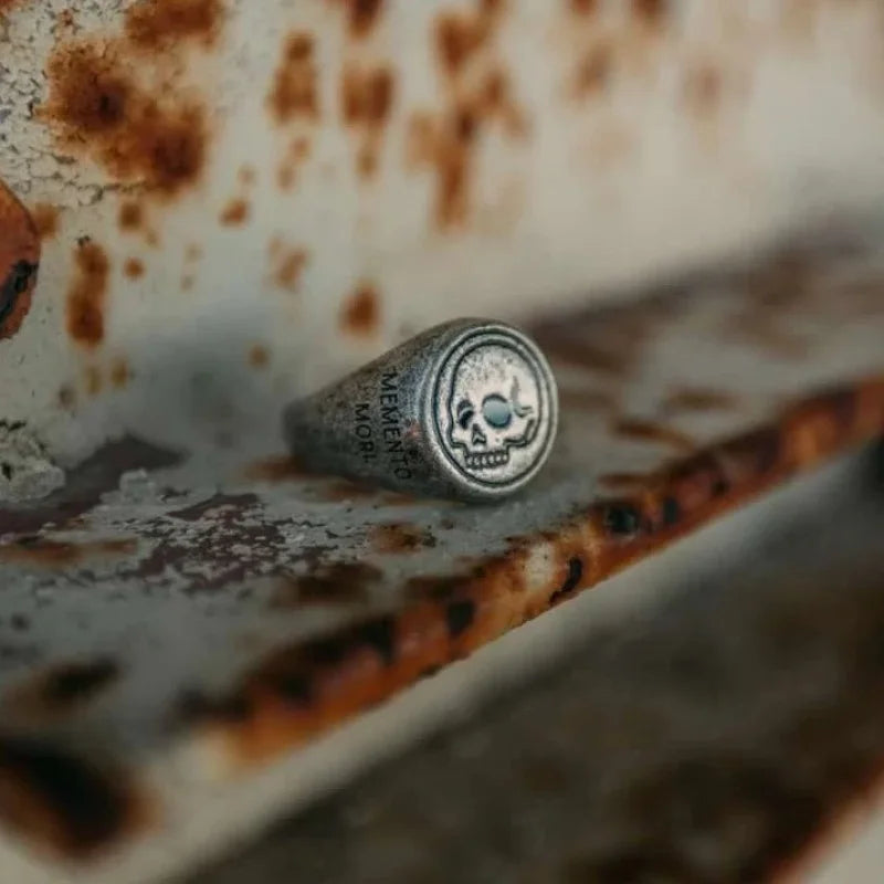 Memento Mori Vintage Enspired Silver Plated Stainless Steel Gothic Engraved Ring