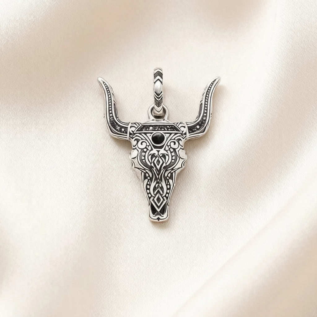 Blackened Bull Skull Pendant in 925 Sterling Silver with Black Zircon