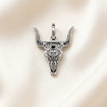 Blackened Bull Skull Pendant in 925 Sterling Silver with Black Zircon