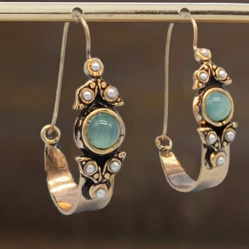 Ethnic Green Stone Faux Pearl Copper Alloy Hoop Earrings - Boho, Retro