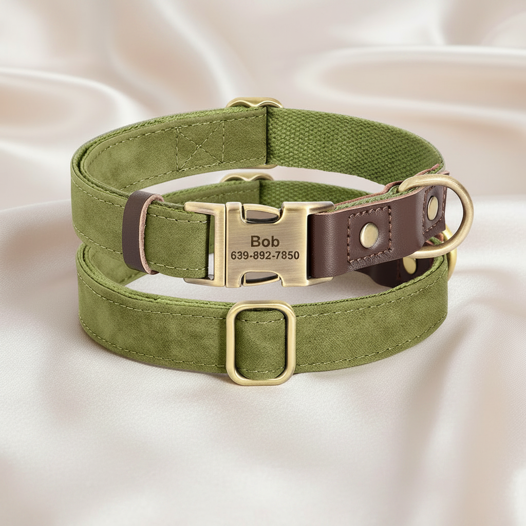 Faux Suede Leather Adjustable Dog Collar - Customize, Engrave, Name Tag, ID Necklace