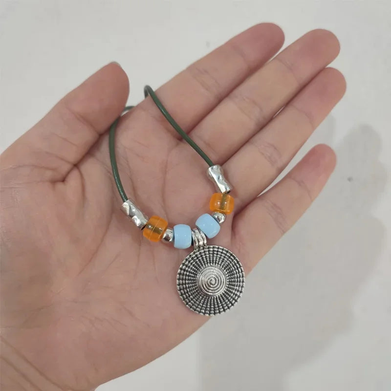 Boho Style Round Pendant Alloy Necklace with Faux Turquoise Beaded Leather Cord