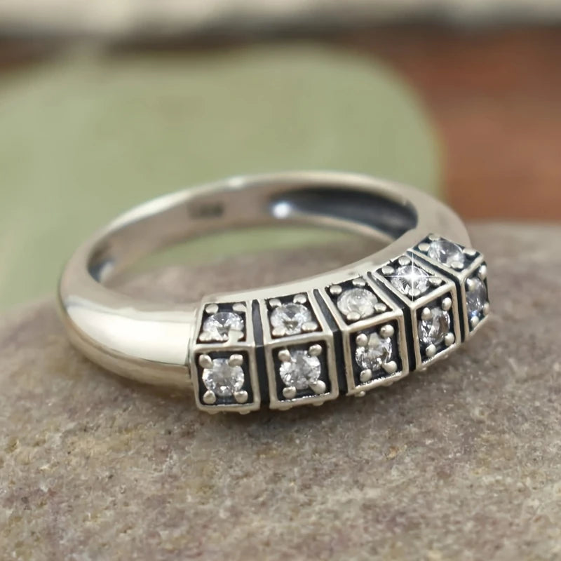 Retro Antique Inspired Square Alloy Ring with Round Zircons