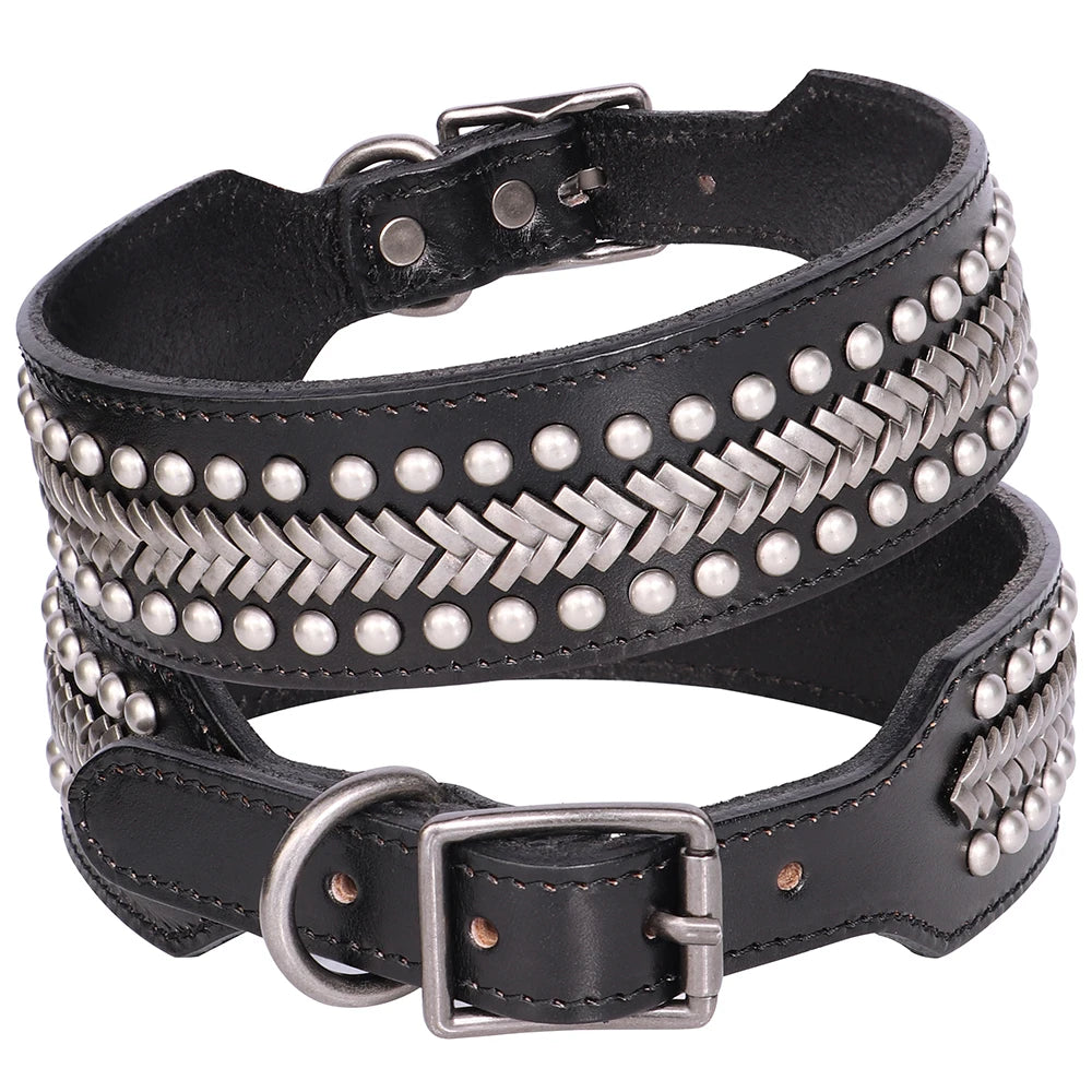 Wide Luxury Genuine Leather Dog Collar for Large Dogs - Durable Metal Cool