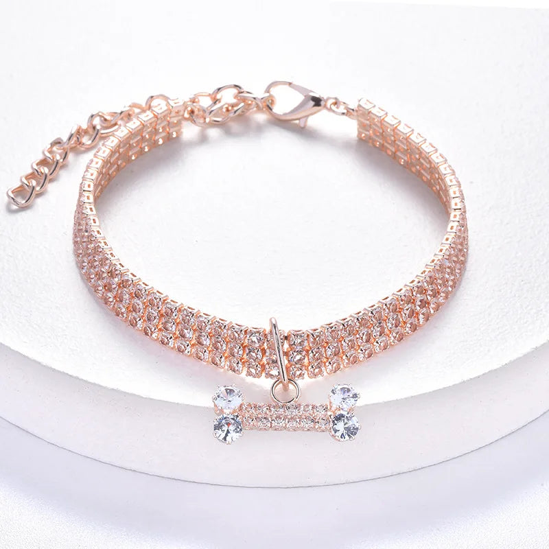Adjustable Pet Necklace with Rhinestones & Bone Copper Pendant