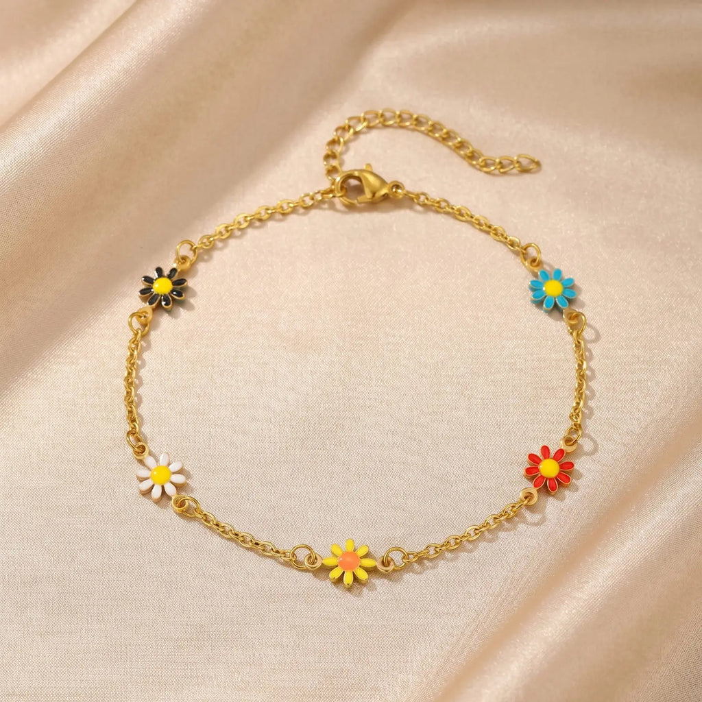 Gold Tone Stainless Steel Colorful Daisy Anklet