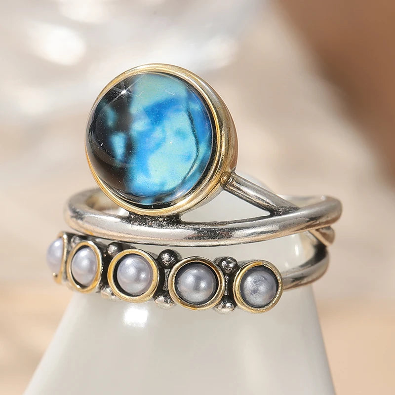 Two-Tone Double Ring with Faux Pearl Blue CZ Stone in Brass - Rare, Unique, Bold!
