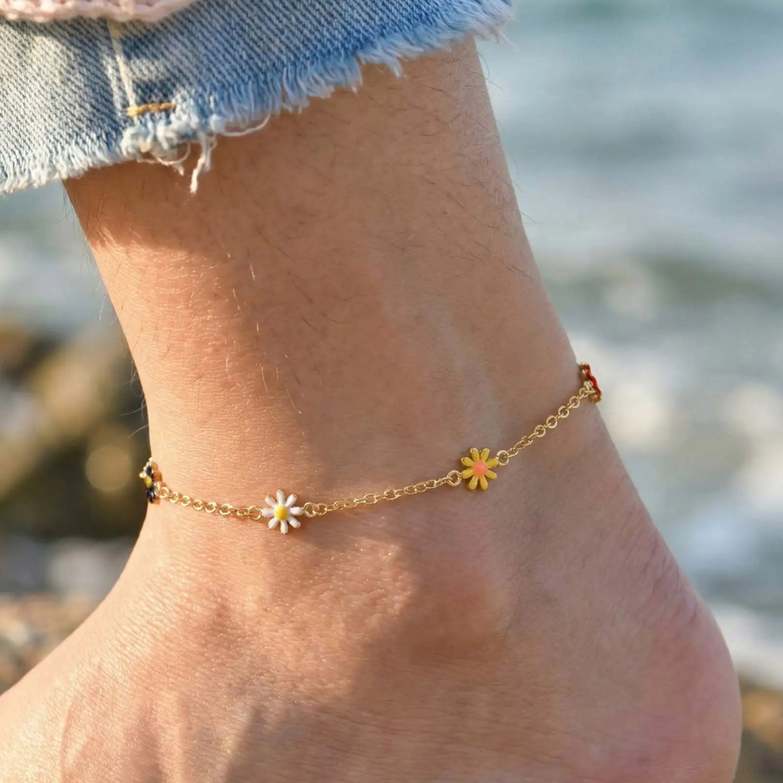 Gold Tone Stainless Steel Colorful Daisy Anklet