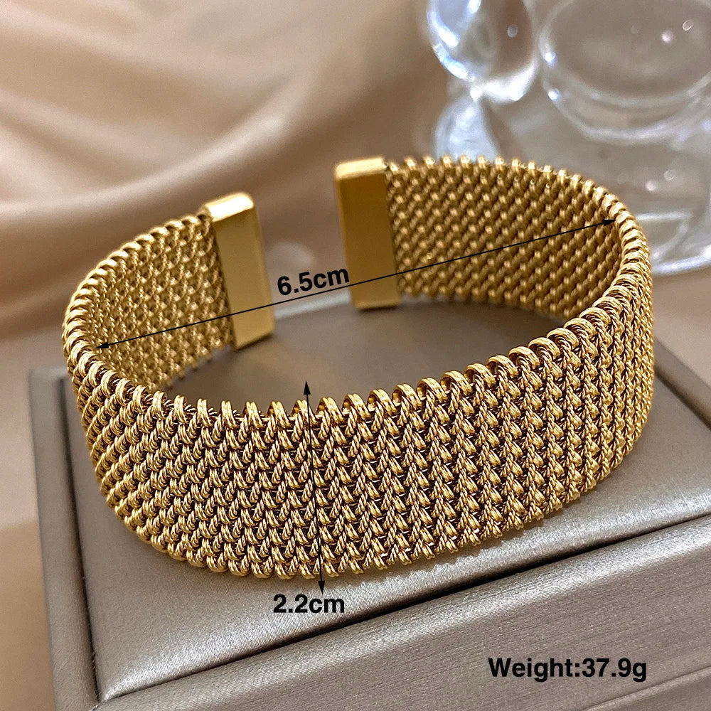 Golden Shade Stainless Steel Cuff Bracelet - Thick Weave Elegant