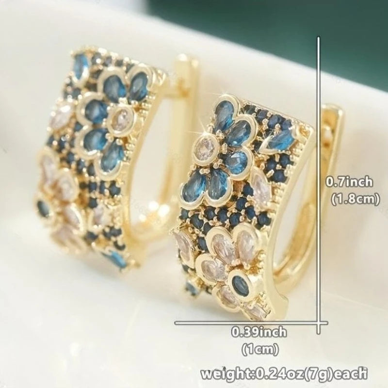 Retro Zircon Blue Flower Hoop Alloy Earrings
