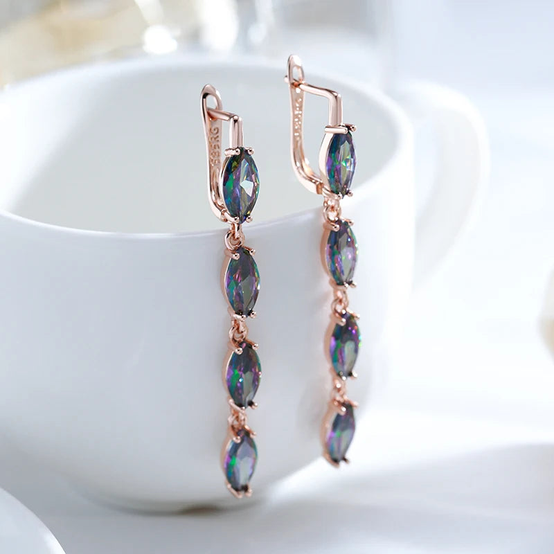 14K Rose Gold Plated Copper Long Dangle Earrings with Light Violet Natural Zircons