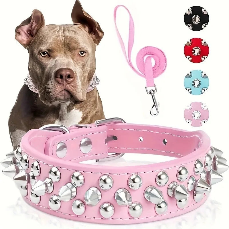 Faux Leather Dog Collar with Spikes - Anti-Bite Rivets, Cool, Attention