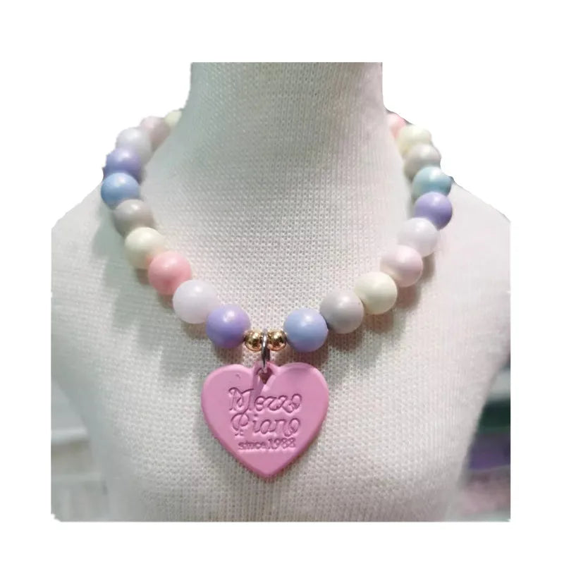 Customizable Heart Alloy Pendant Colorful Resin Bead Necklace for Cats & Dogs - Name Tag