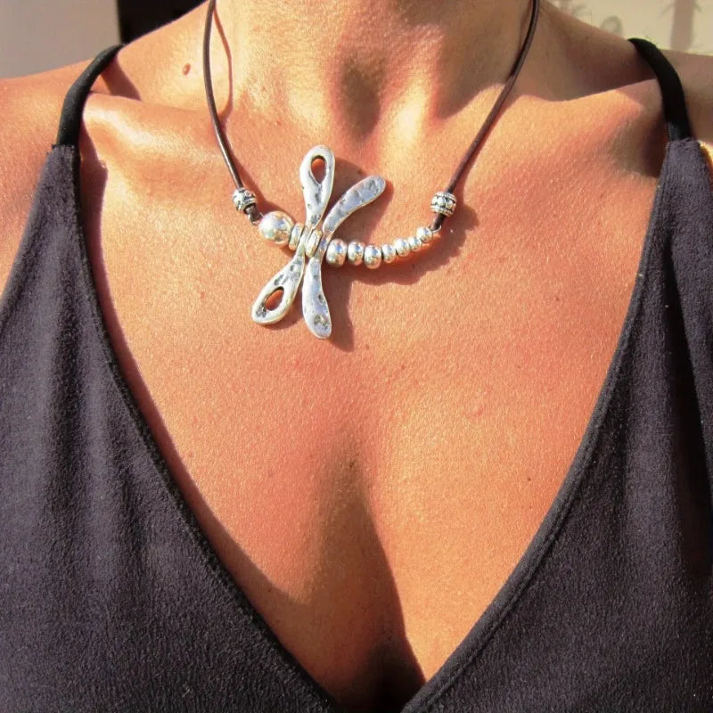 Bold Bohemian Dragonfly Alloy Pendant Rope Chain Necklace