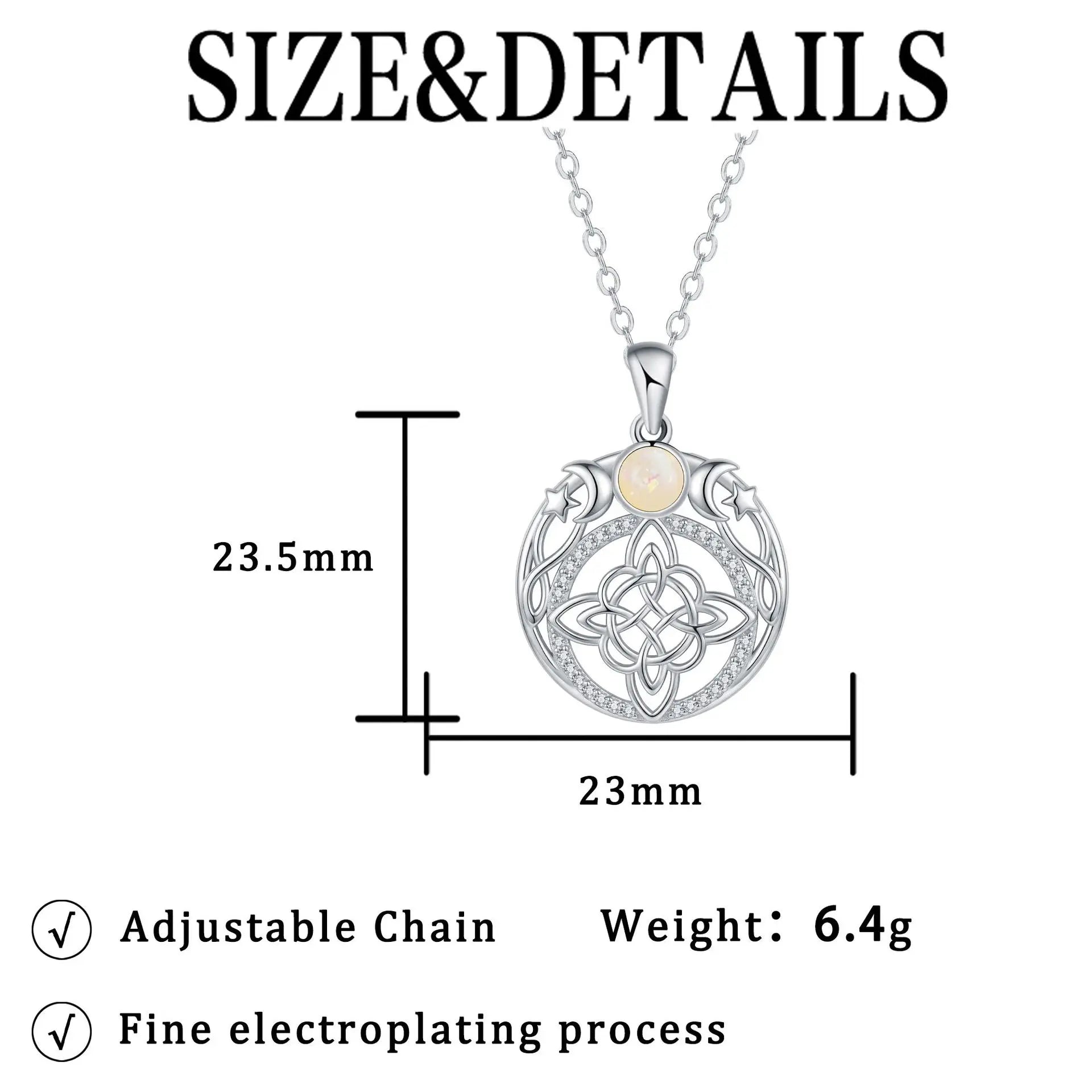 Tibetan Silver-Plated Stainless-Steel Triple Moon Goddess Witch Knot Necklace Opal Zircon Pendant