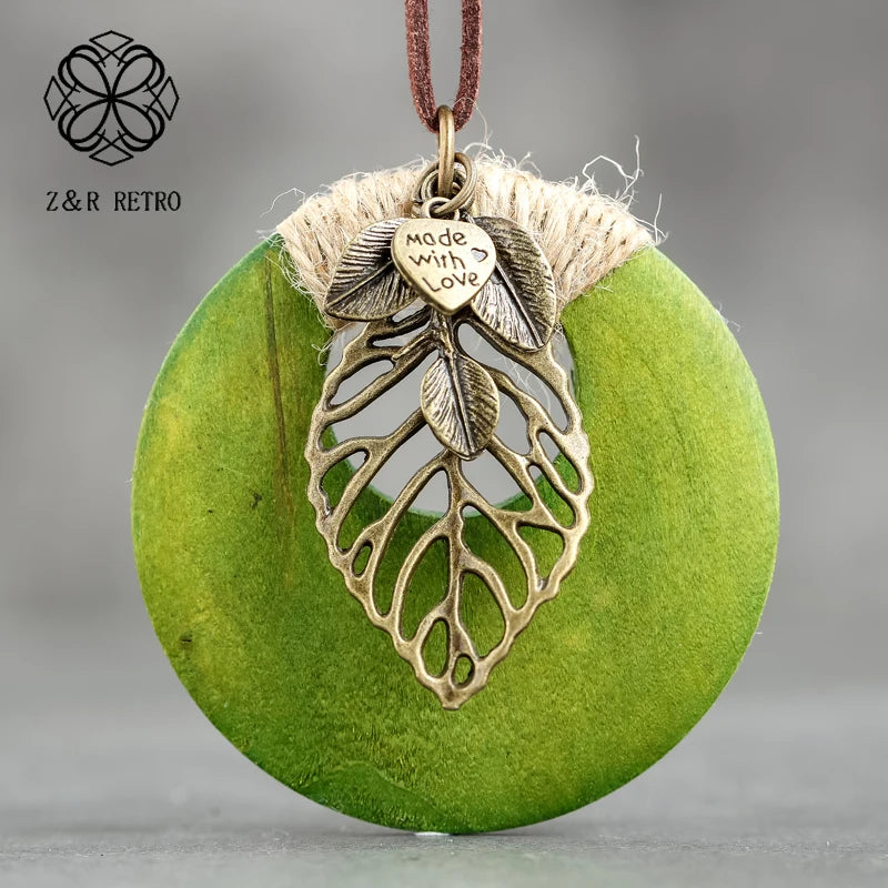 Round Wood Pendant Zink Alloy Leaf Rope Chain