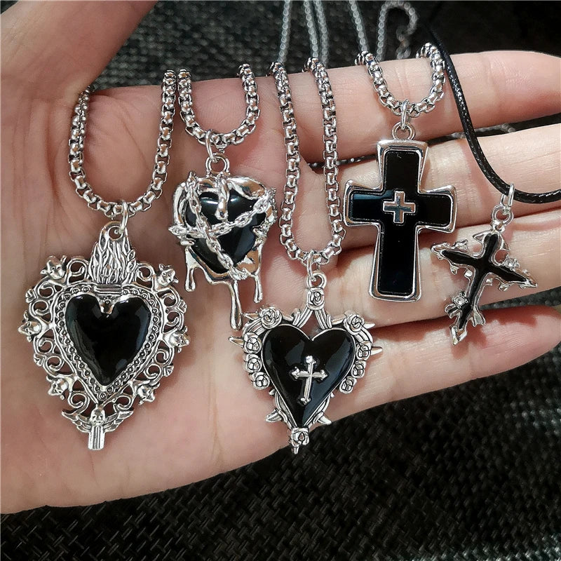 Stainless Steel Gothic Y2K Black Thorn Cross Heart Pendant Choker Necklace Selection
