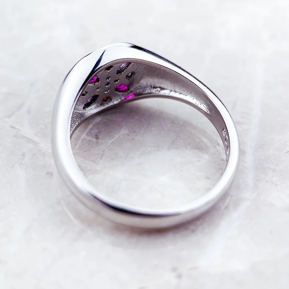 Flower Stamp Band Ring in 925 Sterling Silver with Colorful Zircons