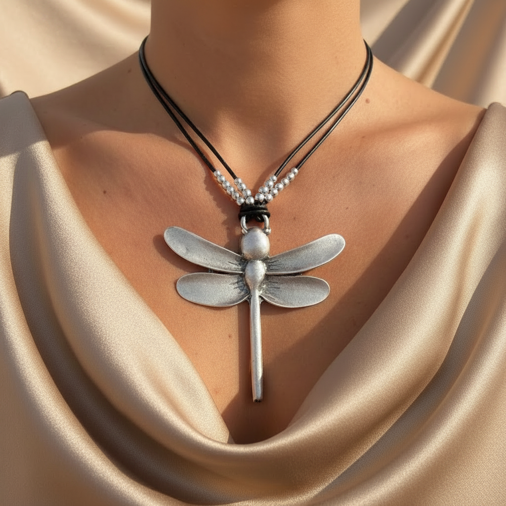 Bold Oversized Boho Beaded Dragonfly Alloy Pendant Rope Necklace