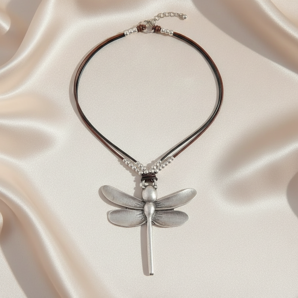 Bold Oversized Boho Beaded Dragonfly Alloy Pendant Rope Necklace