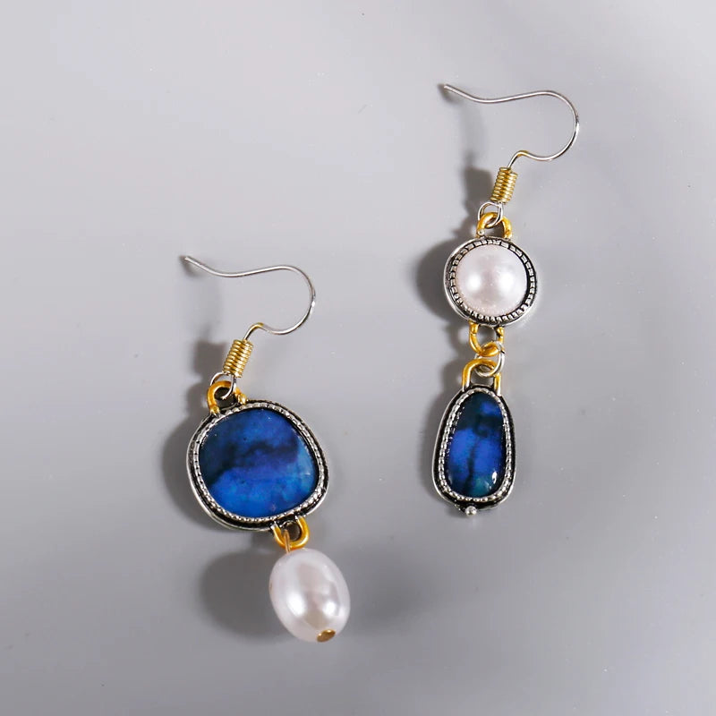 Boho Faux Pearl Blue Stone Dangle Alloy Earrings