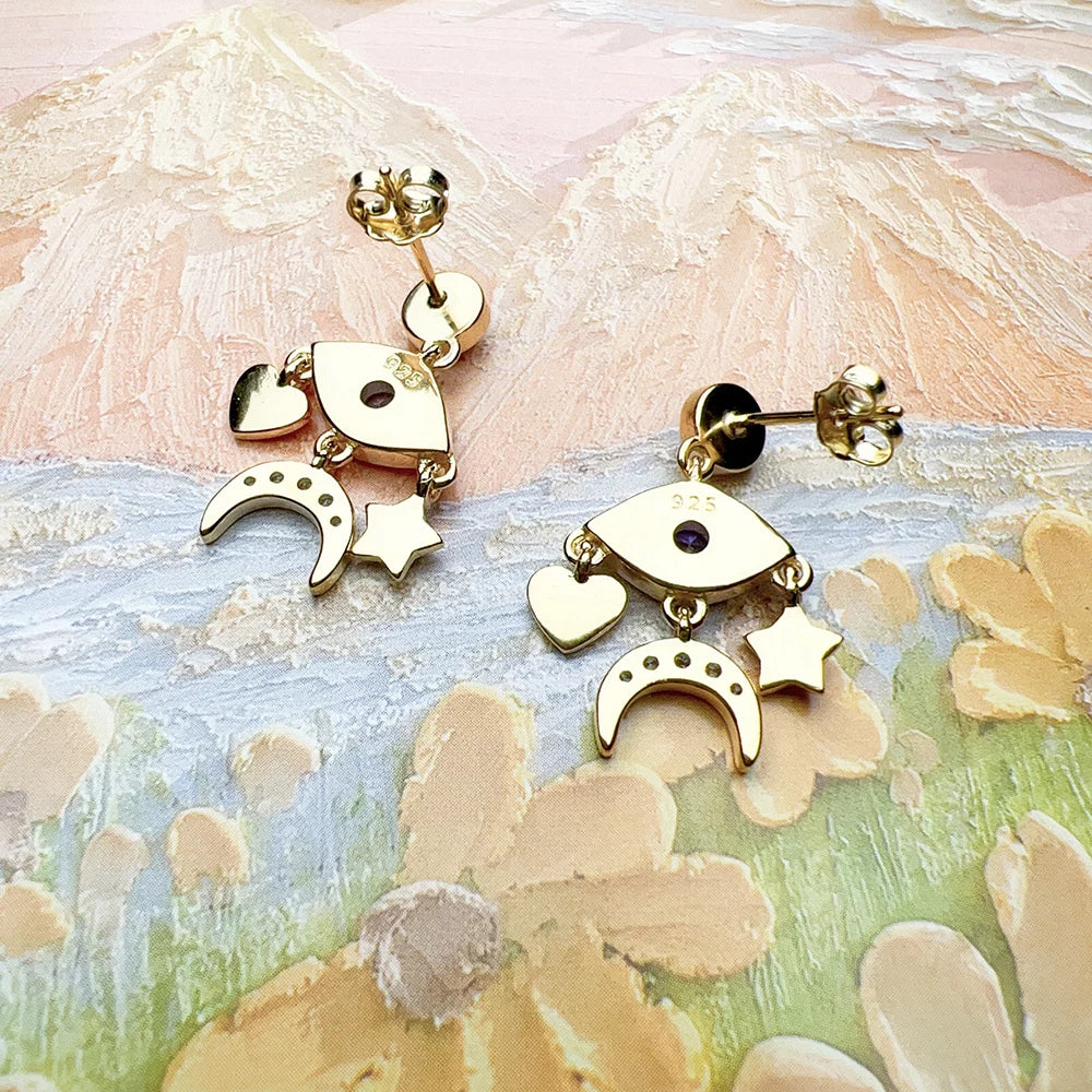 Cosmic Talismans Eye Star Moon Heart Drop Earrings in Sterling Silver with Zircons