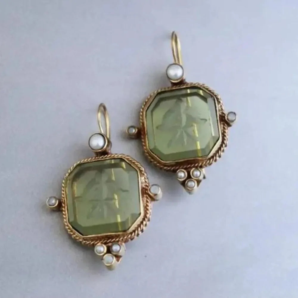 Retro Geometric Hexagonal Green/Blue Crystal Faux Pearl Copper Earrings