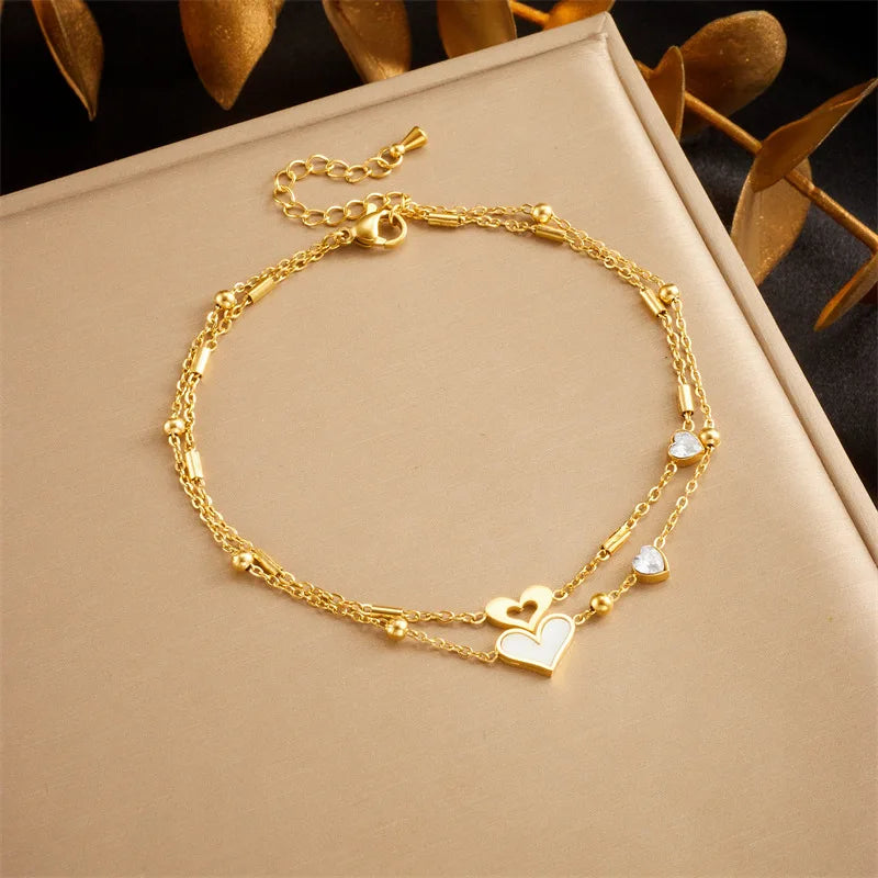 Gold Tone Stainless Steel Clover Crystal Hearts Anklet