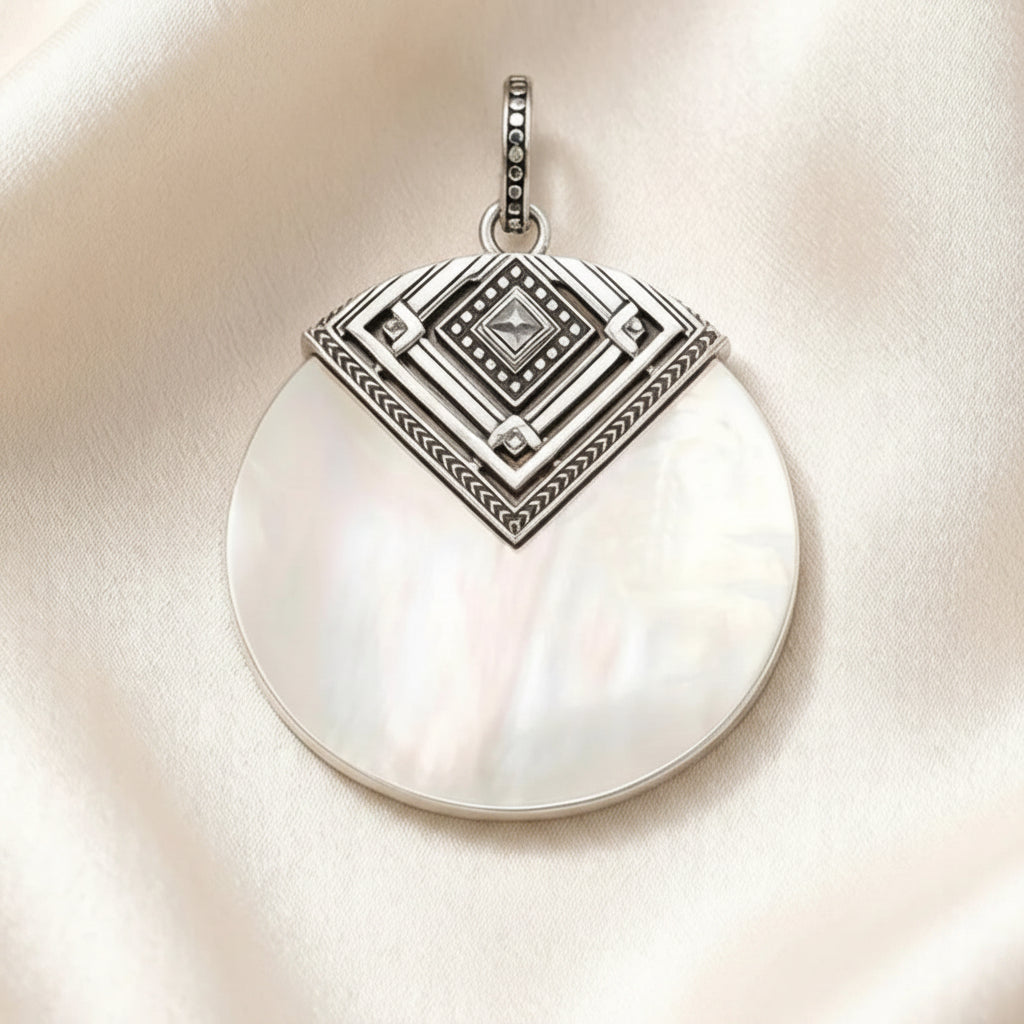 Large Mother of Pearl Disk Pendant in 925 Sterling Silver