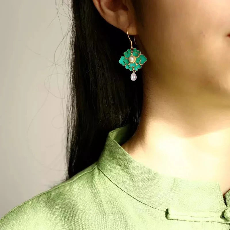 Vintage Gold-Plated Cloisonne Enamel Porcelain Green Flower Drop Earrings
