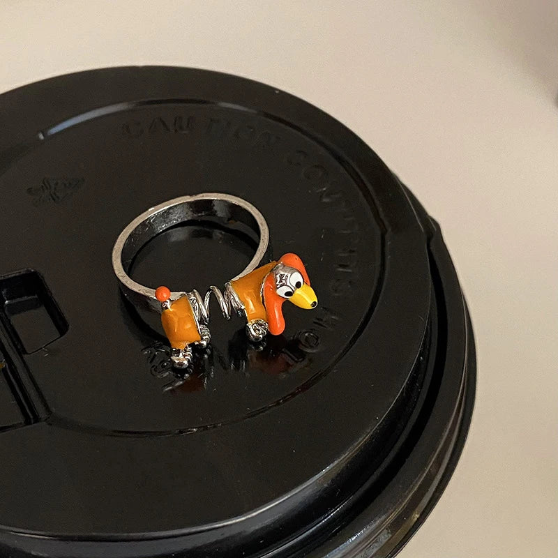 Spring Dog Ring in Zinc Alloy - Adjustable, Cartoon Dog, Orange