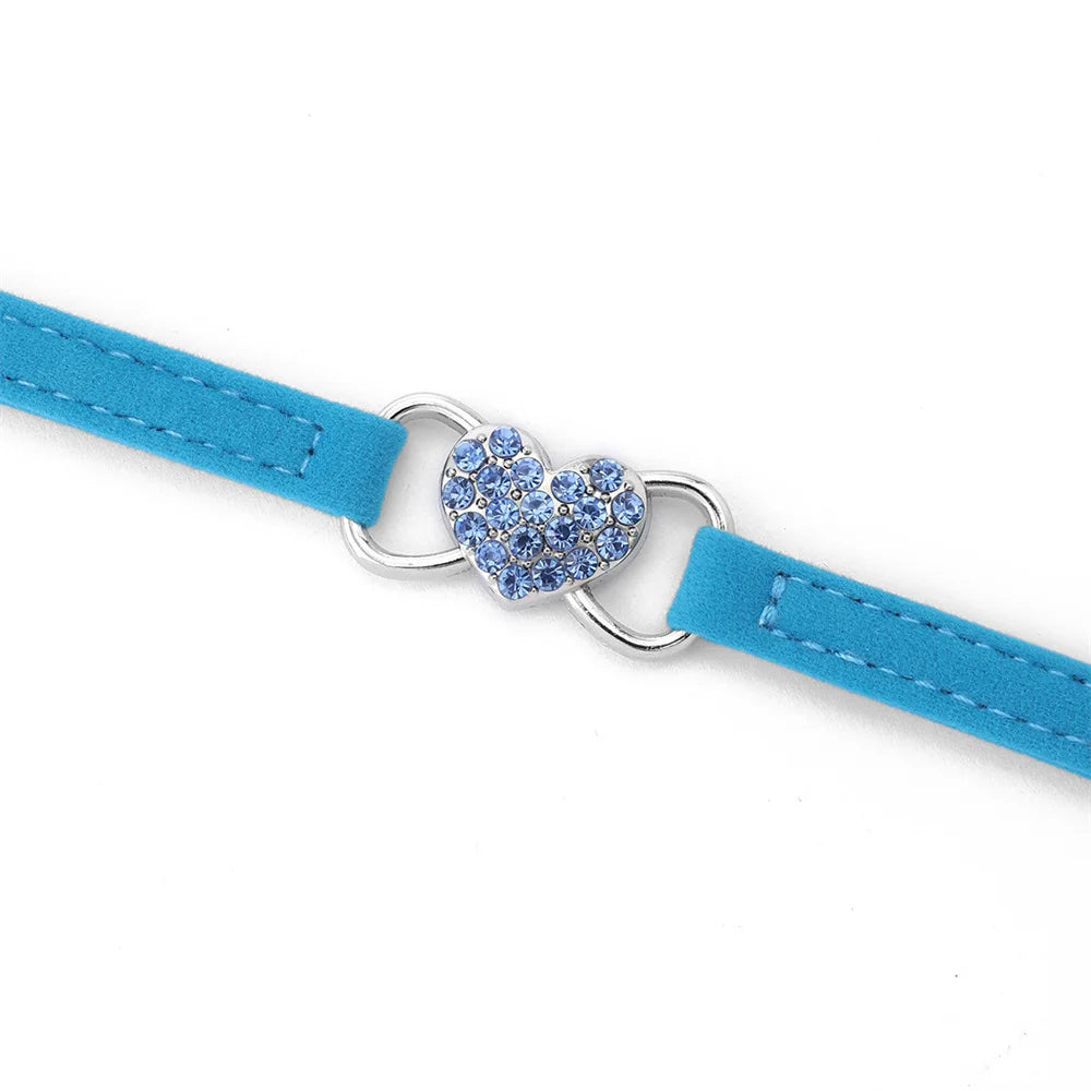 Velvet Cat & Dog Collar with Rhinestones Heart & Bell - Adjustable, 1 cm Wide, Adorable