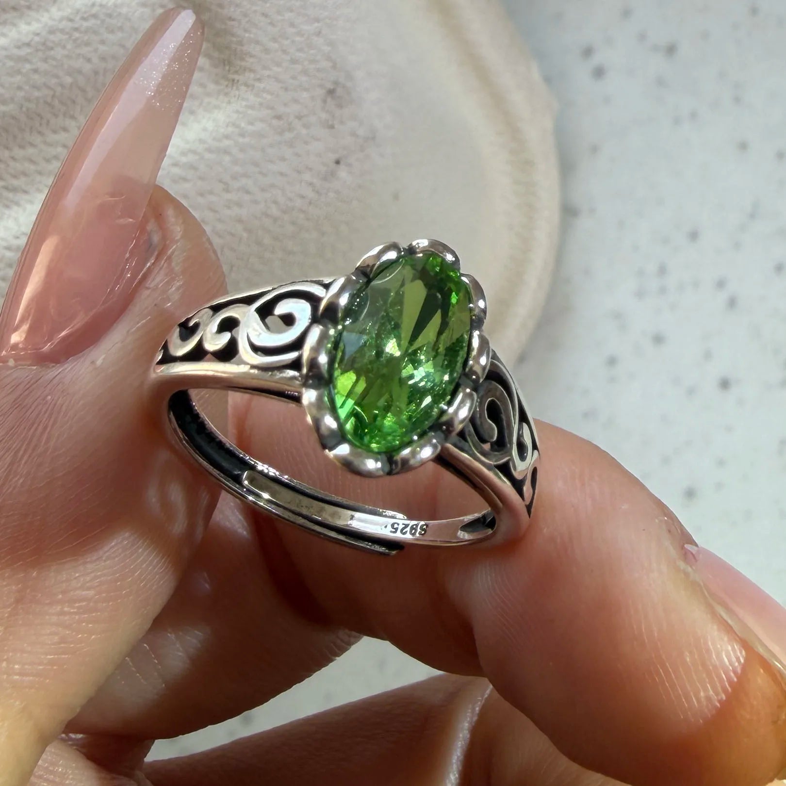 925 Sterling Silver Green CZ Stone Ring Adjustable